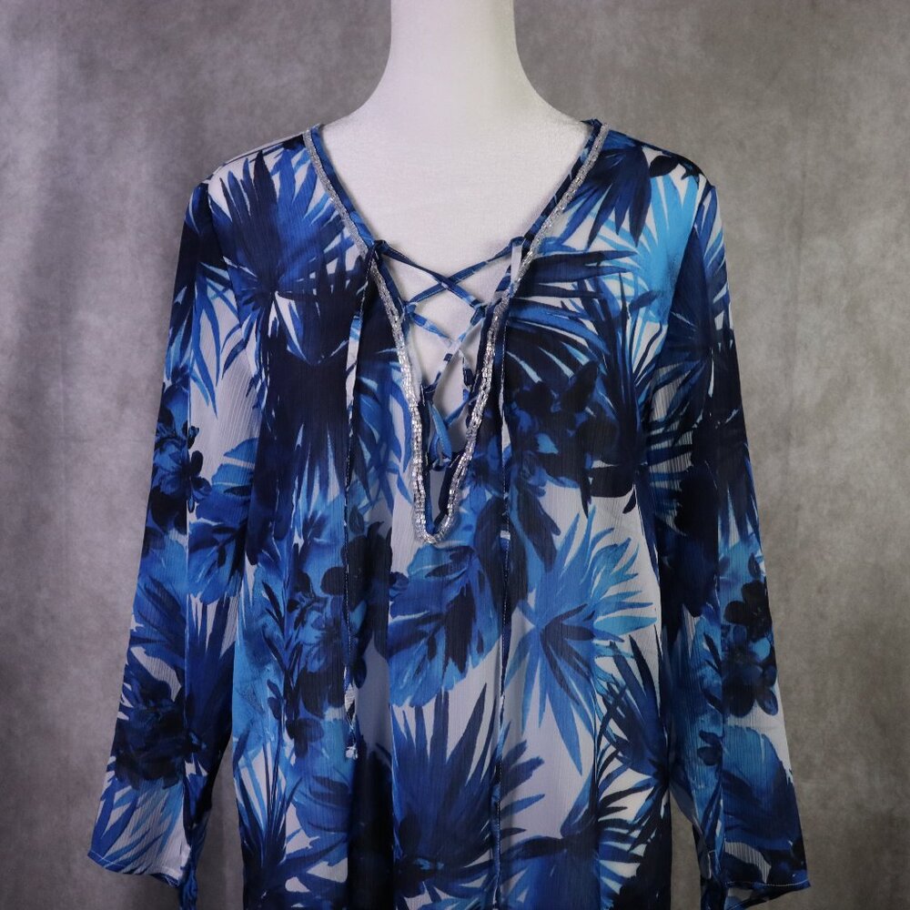 Tommy Bahama Swim Coverup Top Womens Large Blue Lace Up Tunic Beach Tropical - Picture 6 of 9